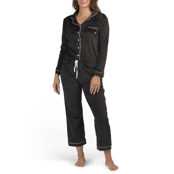 BORN Black 2pc Velour Notched Collar Long Sleeve Pajama Top And Pants Set - Picture 1 of 2